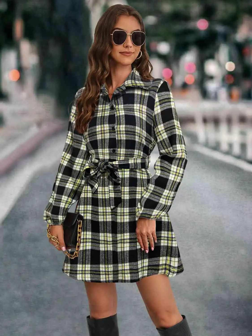 Plaid Tie Front Collared Neck Long Sleeve Dress - Trendsi - Flyclothing LLC