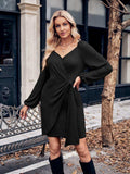 Asymmetrical Surplice Puff Sleeve Mini Dress - Trendsi - Flyclothing LLC