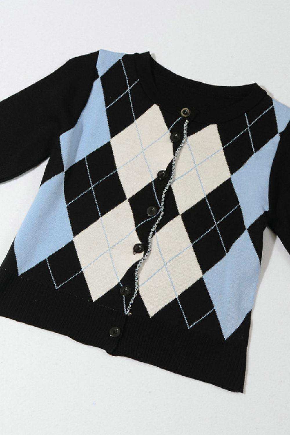 Argyle Round Neck Ribbed Trim Cardigan - Trendsi - Flyclothing LLC