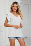 Eyelet Layered Flutter Sleeve V-Neck Knit Top - Trendsi - Flyclothing LLC