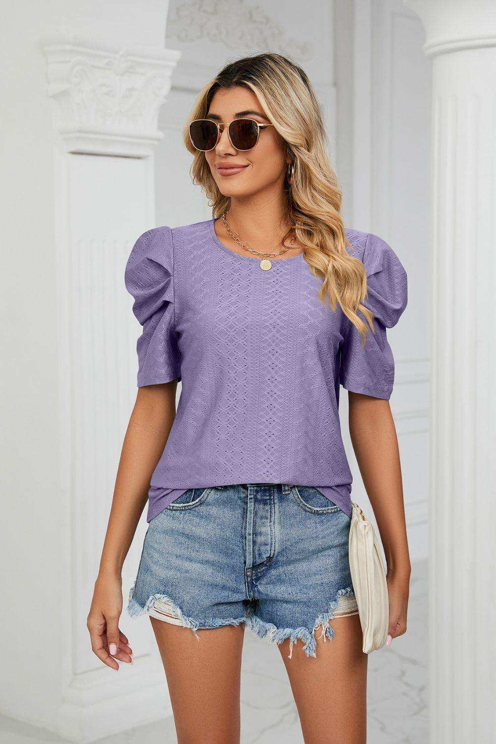 Eyelet Puff Sleeve Round Neck Blouse - Trendsi - Flyclothing LLC