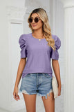 Eyelet Puff Sleeve Round Neck Blouse - Trendsi - Flyclothing LLC