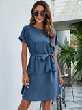 Belted Round Neck Curved Hem Dress - Trendsi - Flyclothing LLC