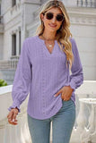 Eyelet Notched Lantern Sleeve T-Shirt - Trendsi - Flyclothing LLC