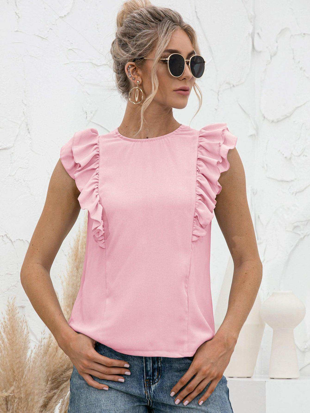 Round Neck Tied Open Back Flutter Sleeve Top - Trendsi - Flyclothing LLC