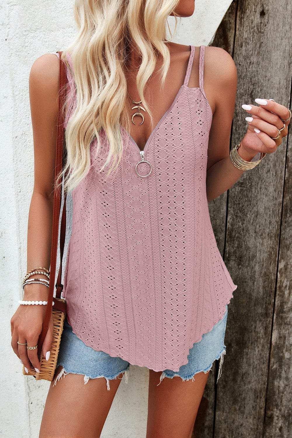 Eyelet V-Neck Double Strap Cami - Trendsi - Flyclothing LLC