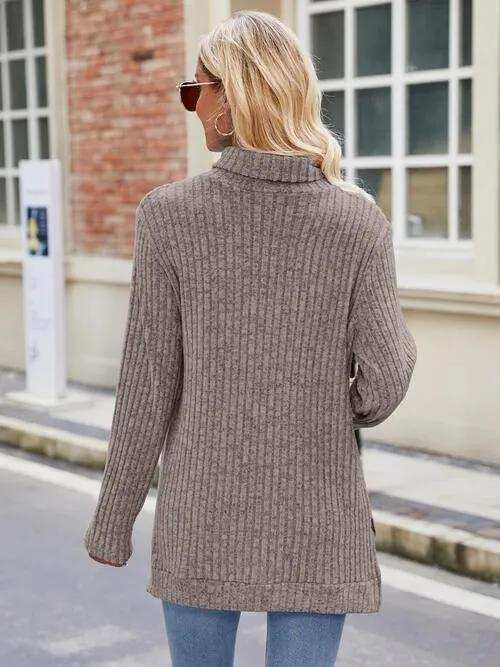 Ribbed Turtleneck Long Sleeve Slit Knit Top - Trendsi - Flyclothing LLC