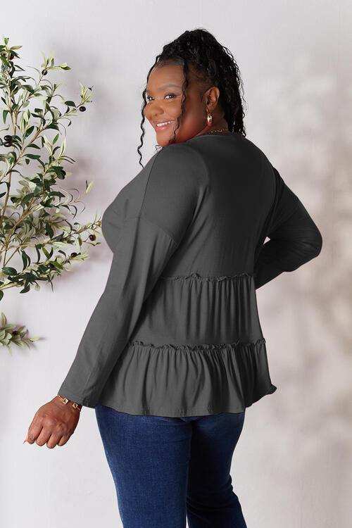 Double Take Half Button Long Sleeve Ruffle Hem Blouse - Trendsi - Flyclothing LLC