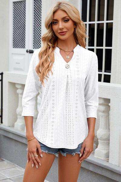 Eyelet Notched Knit Jacquard Top - Trendsi - Flyclothing LLC