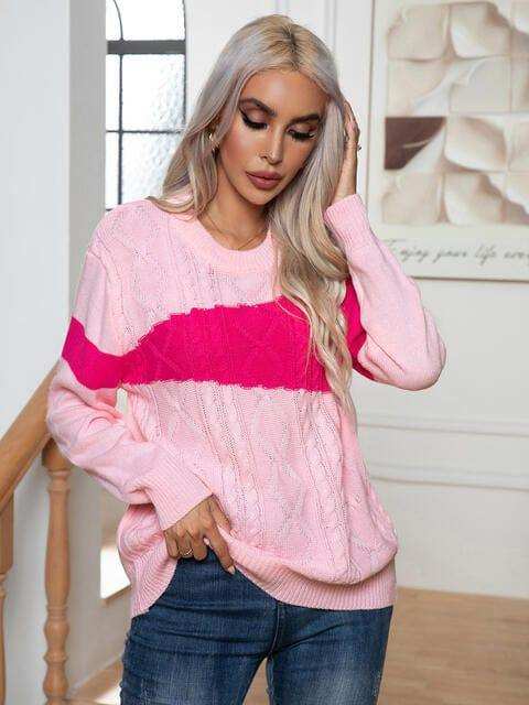 Color Block Cable-Knit Round Neck Sweater - Trendsi - Flyclothing LLC