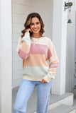 Waffle-Knit Round Neck Dropped Shoulder Color Block Sweater - Trendsi - Flyclothing LLC