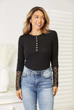 Double Take Crochet Lace Hem Sleeve Button Top - Trendsi - Flyclothing LLC