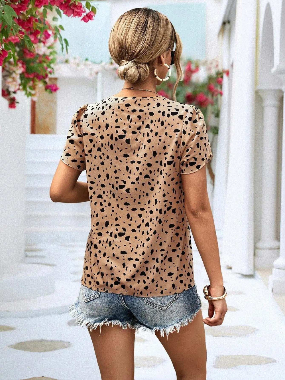 Animal Print V-Neck Petal Sleeve Blouse - Trendsi - Flyclothing LLC