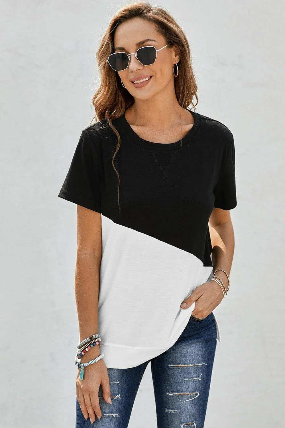 Two-Tone Round Neck Tee - Trendsi - Flyclothing LLC