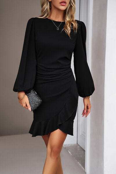 Ruched Ruffled Balloon Sleeve Mini Dress - Trendsi - Flyclothing LLC