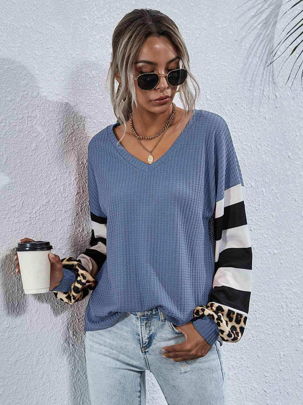 Leopard Striped Waffle-Knit Top - Trendsi - Flyclothing LLC