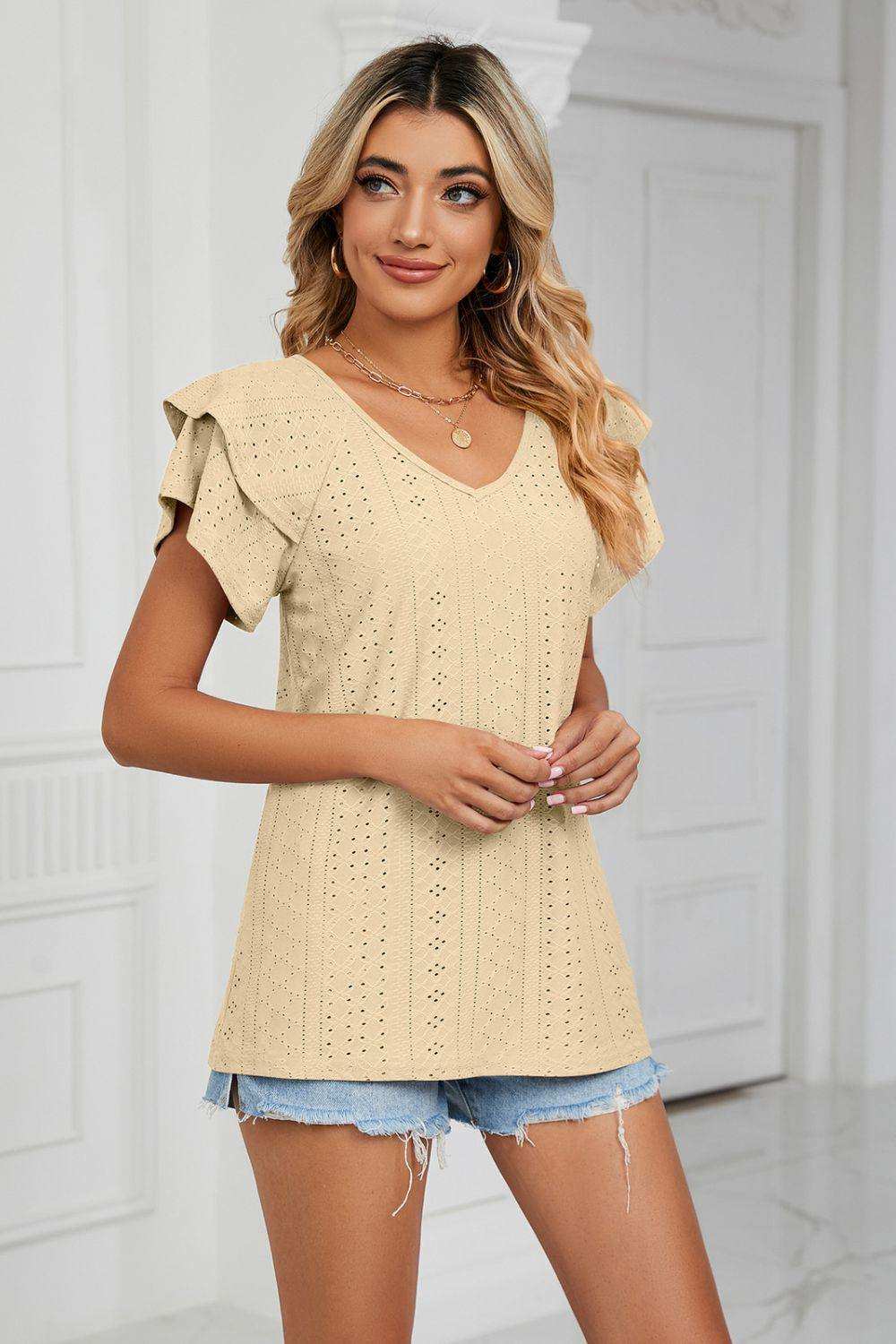 Eyelet Layered Flutter Sleeve V-Neck Knit Top - Trendsi - Flyclothing LLC