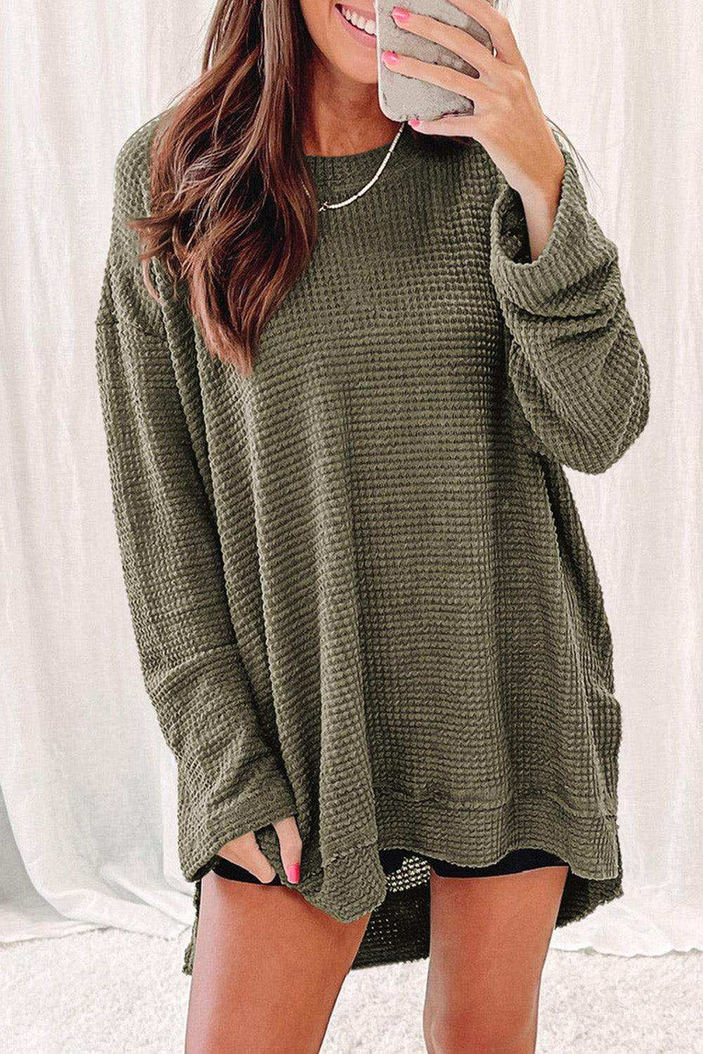 Waffle-Knit Round Neck Long Sleeve Sweatshirt - Trendsi - Flyclothing LLC