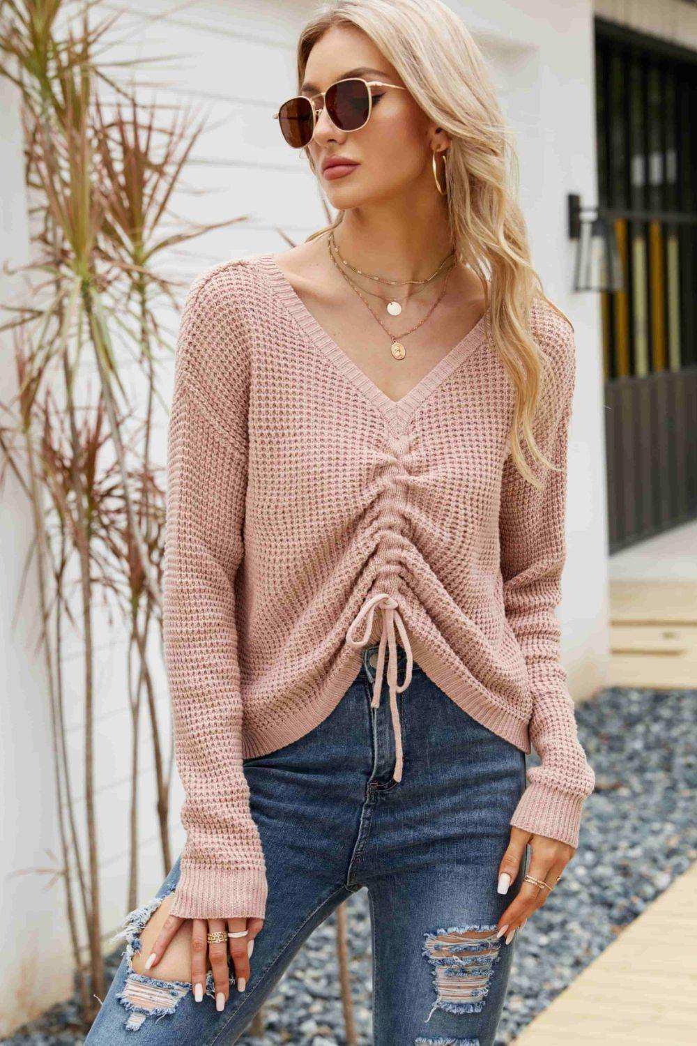 Waffle-Knit Drawstring Detail V-Neck Sweater - Trendsi - Flyclothing LLC
