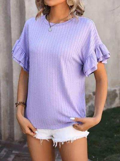 Ruffled Round Neck Short Sleeve Blouse - Trendsi - Flyclothing LLC