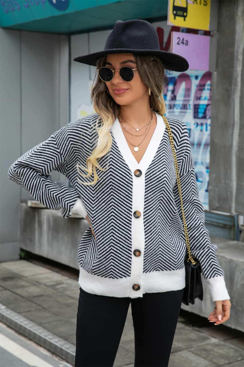 Striped V-Neck Dropped Shoulder Button-Up Cardigan - Trendsi - Flyclothing LLC