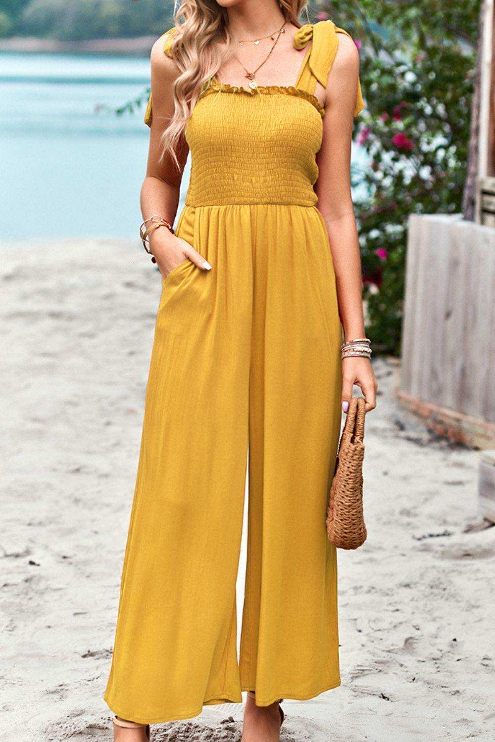 Frill Trim Tie Shoulder Wide Leg Jumpsuit with Pockets - Trendsi - Flyclothing LLC