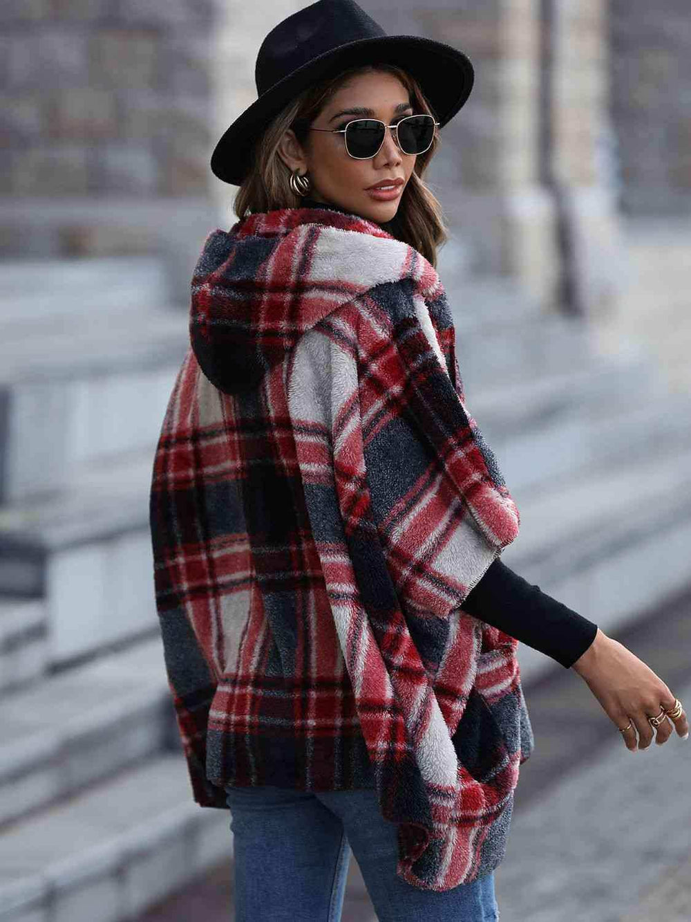 Plaid Hooded Coat with Pockets - Trendsi - Flyclothing LLC