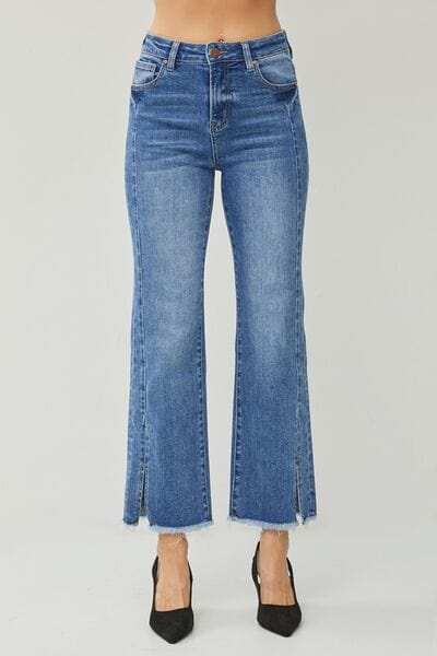 RISEN High Waist Raw Hem Slit Straight Jeans - Trendsi - Flyclothing LLC
