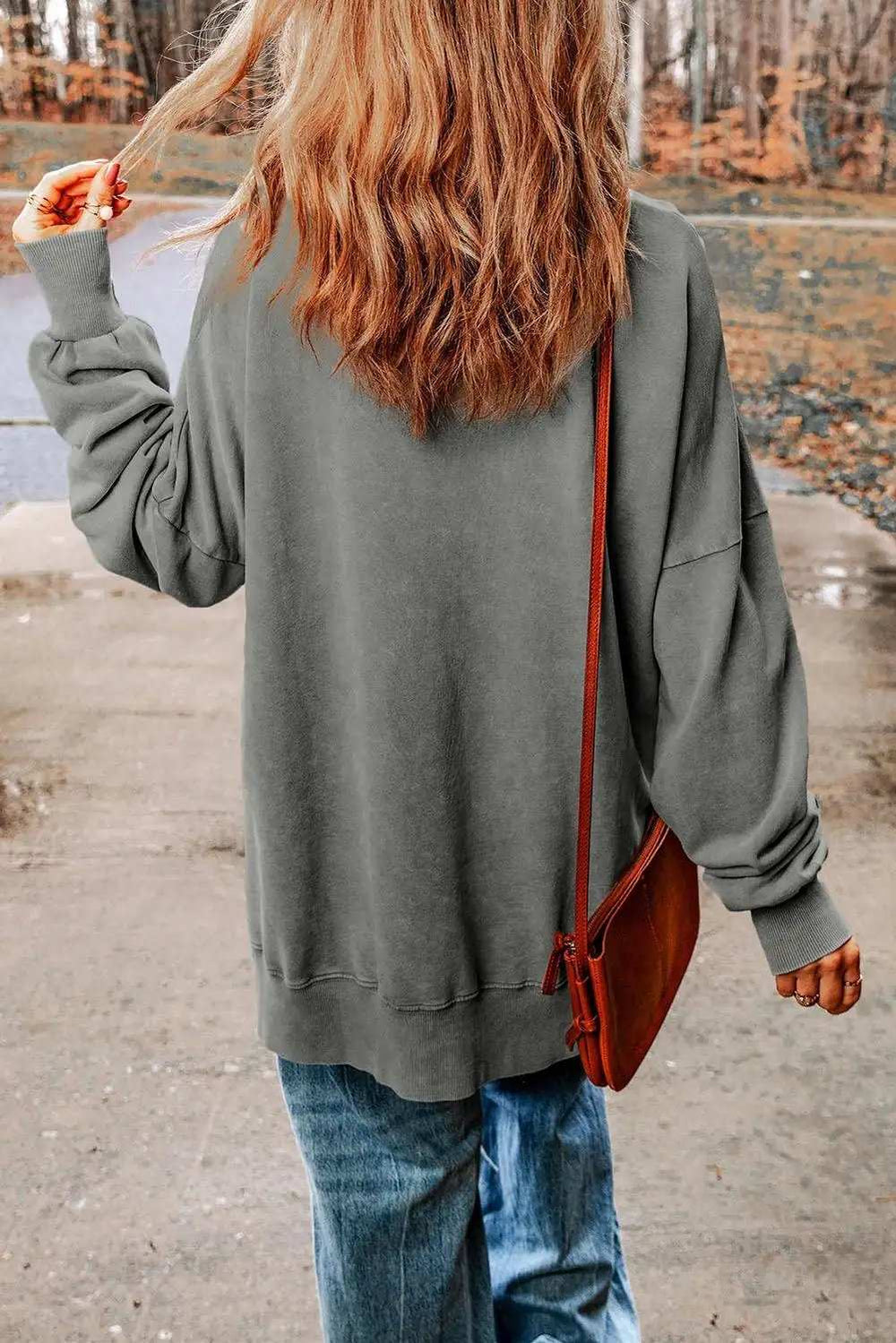 Dropped Shoulder Round Neck Long Sleeve Blouse - Trendsi - Flyclothing LLC