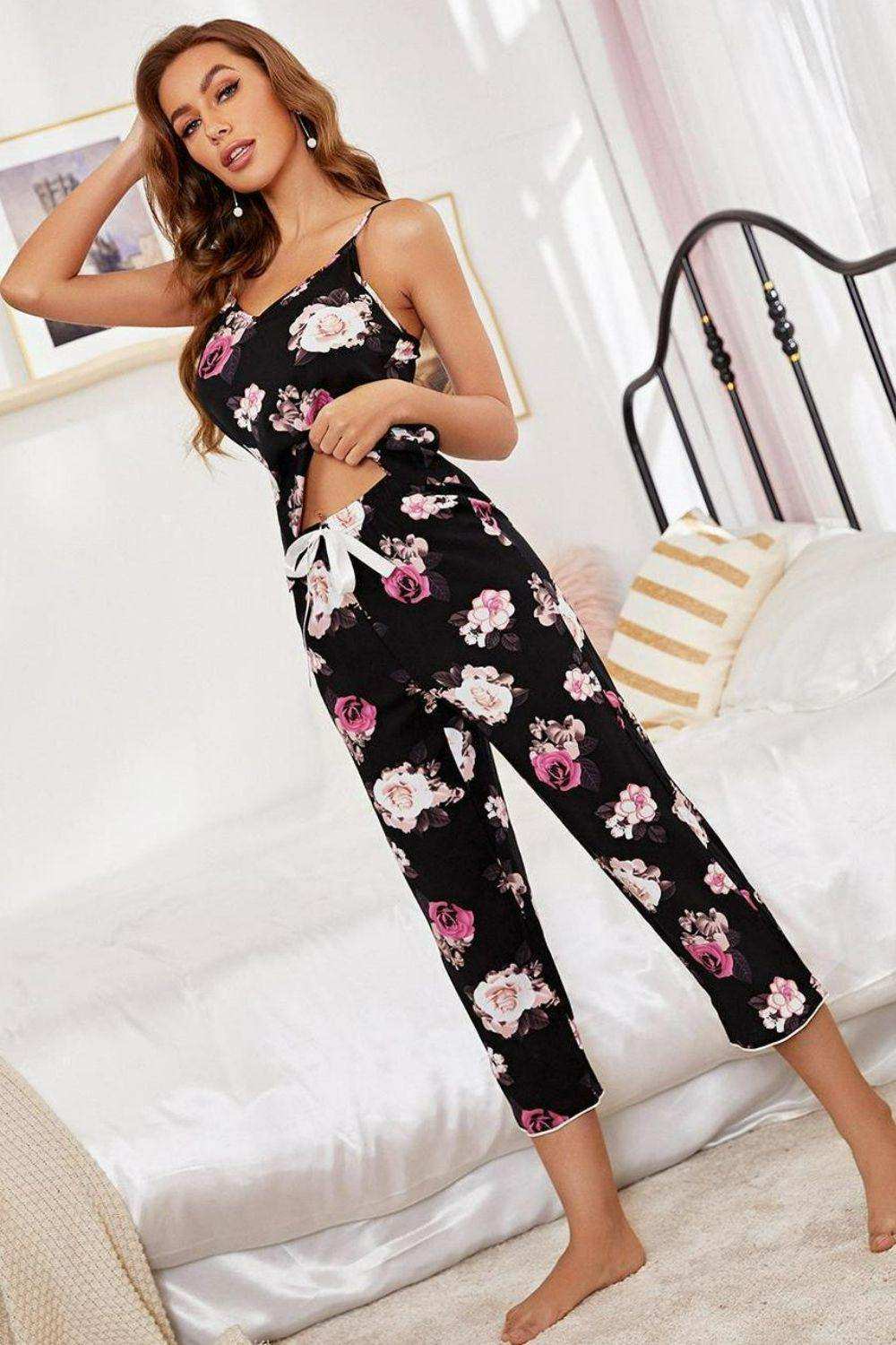 Floral V-Neck Cami and Cropped Pants Lounge Set - Trendsi - Flyclothing LLC