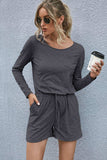 Drawstring Waist Long Sleeve Romper - Trendsi - Flyclothing LLC