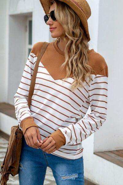 Striped Round Neck Long Sleeve T-Shirt - Trendsi - Flyclothing LLC