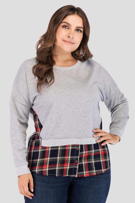 Full Size Plaid Patch Drop Shoulder Round Neck Top - Trendsi - Flyclothing LLC