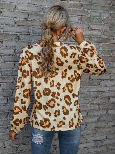 Leopard V-Neck Decorative Button Long Sleeve Blouse - Trendsi - Flyclothing LLC