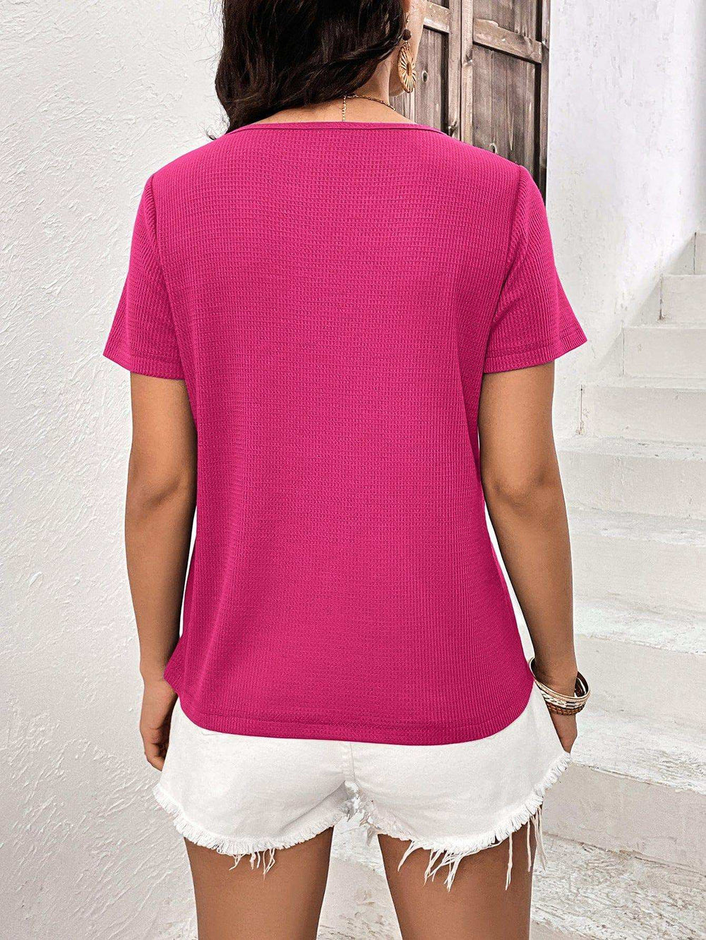 Lace Trim Contrast Waffle-Knit Top - Trendsi - Flyclothing LLC