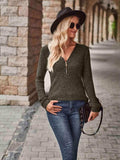 Half-Zip V-Neck Long Sleeve Top - Trendsi - Flyclothing LLC