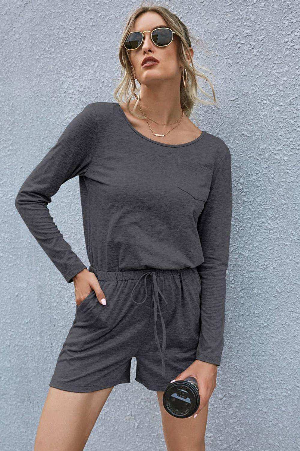 Drawstring Waist Long Sleeve Romper - Trendsi - Flyclothing LLC