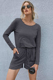 Drawstring Waist Long Sleeve Romper - Trendsi - Flyclothing LLC