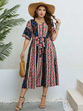 Plus Size Bohemian V-Neck Tie Belt Midi Dress - Trendsi - Flyclothing LLC