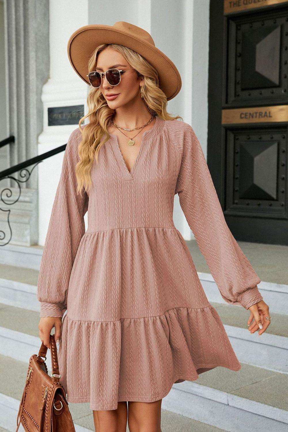 Notched Neck Long Sleeve Mini Dress - Trendsi - Flyclothing LLC