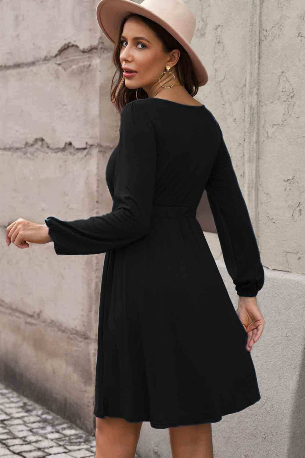 Scoop Neck Empire Waist Long Sleeve Mini Dress - Trendsi - Flyclothing LLC