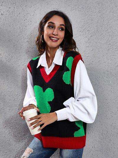 Four Leaf Clover V-Neck Sweater Vest - Trendsi - Flyclothing LLC