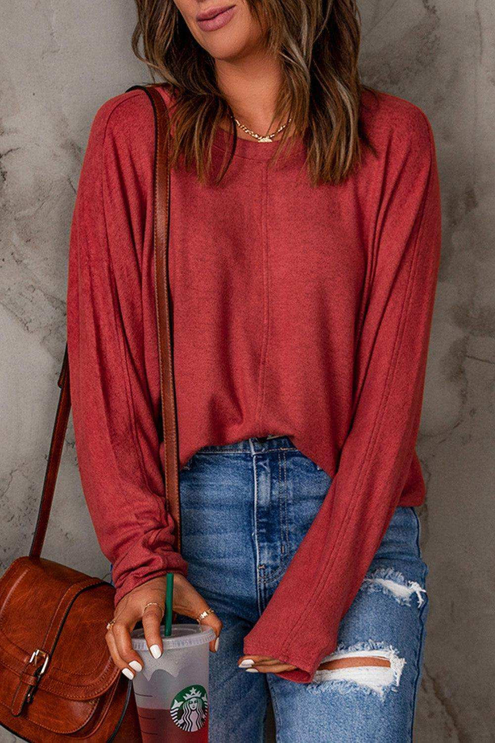 Seam Detail Round Neck Long Sleeve Top - Trendsi - Flyclothing LLC