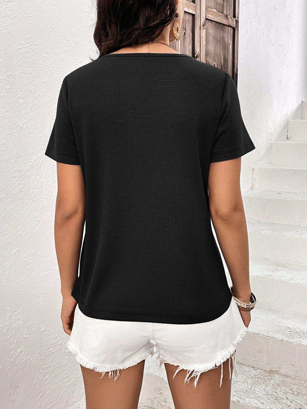 Lace Trim Contrast Waffle-Knit Top - Trendsi - Flyclothing LLC