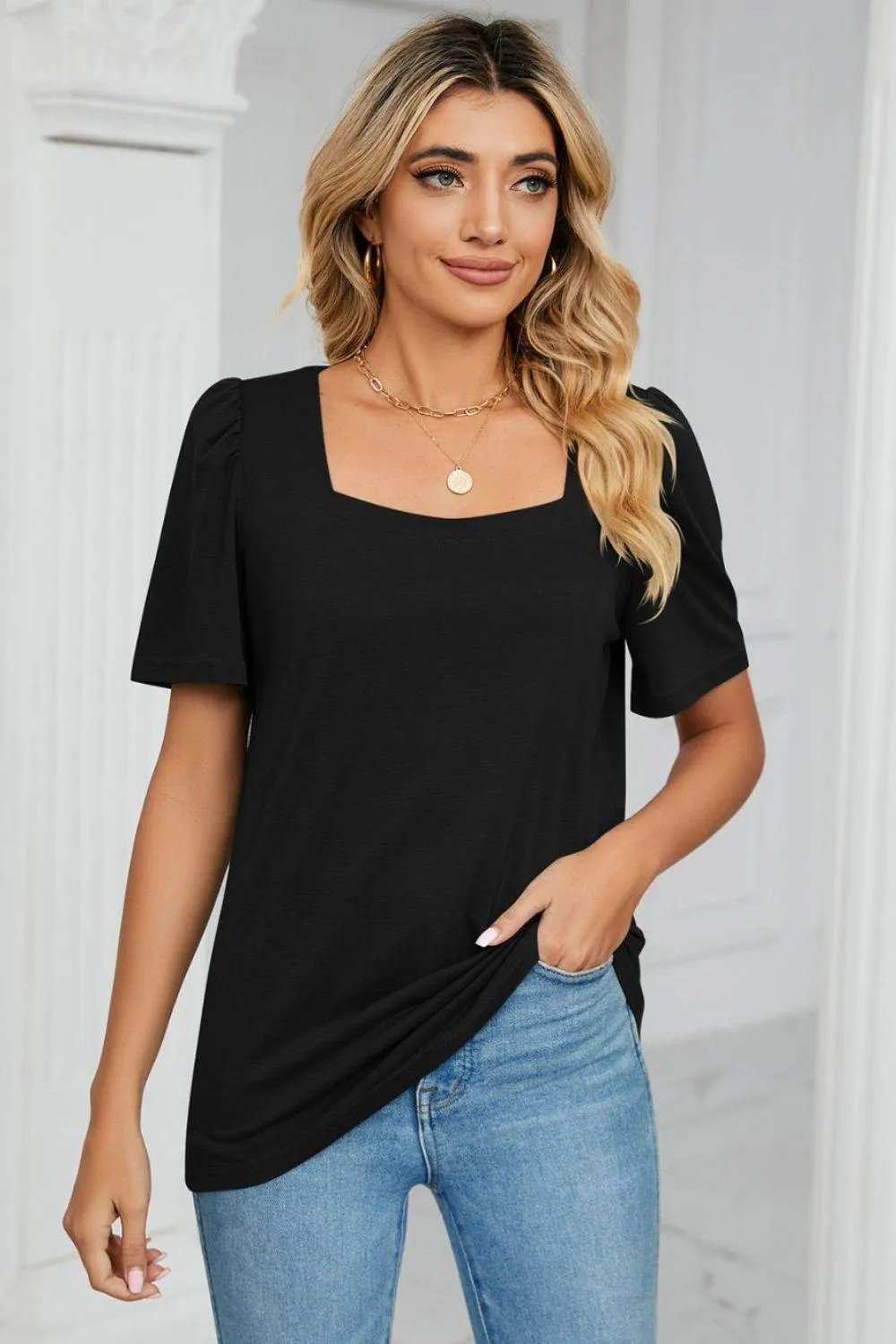 Square Neck Puff Sleeve Tee Shirt - Trendsi - Flyclothing LLC