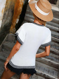 Contrast Round Neck Short Sleeve Knit Top - Trendsi - Flyclothing LLC