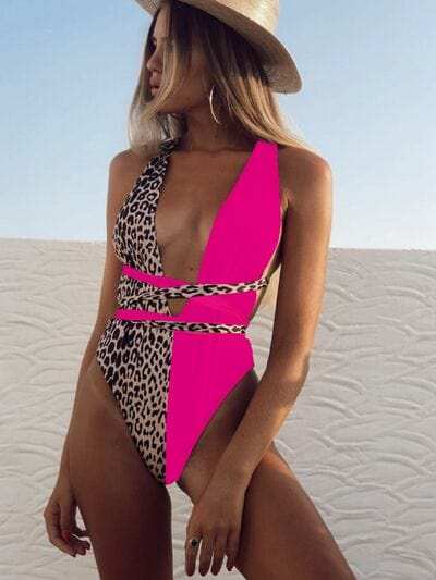 Tied Leopard Plunge One-Piece Swimwear - Trendsi - Flyclothing LLC