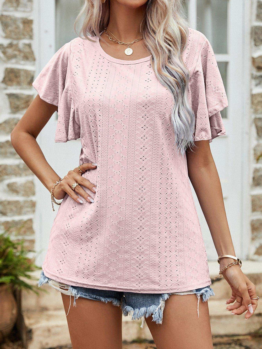 Round Neck Flutter Sleeve Blouse - Trendsi - Flyclothing LLC