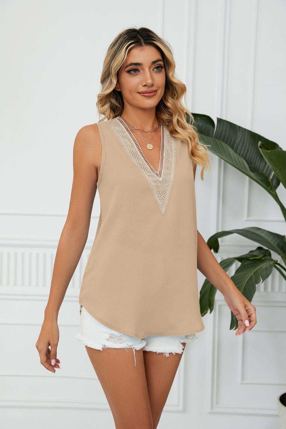 Contrast Trim Plunge Sleeveless Blouse - Trendsi - Flyclothing LLC