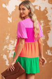 Color Block Buttoned Puff Sleeve Dress - Trendsi - Flyclothing LLC